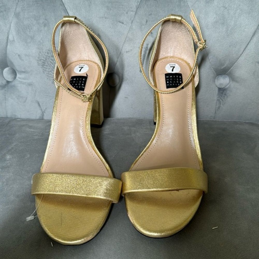 White House Black Market Women's Gold Leather Ankle Strap Open Toe Sandal 7 NWOT